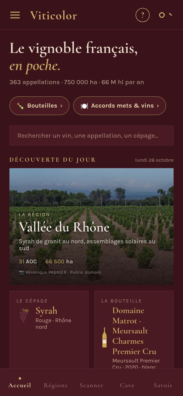 Écran d’accueil de Viticolor : titre « Le vignoble français, en poche », recherche, et découverte du jour consacrée à la Vallée du Rhône.