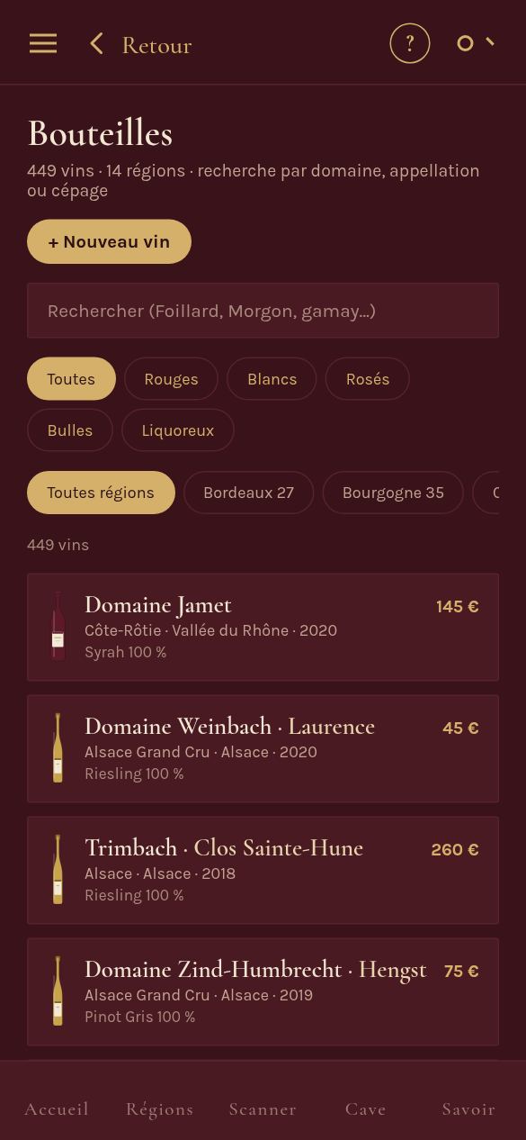 Écran Bouteilles : recherche, filtres par couleur et par région, liste de vins avec prix.