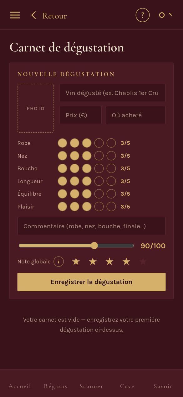 Carnet de dégustation : formulaire avec robe, nez, bouche, longueur, équilibre, plaisir et note.
