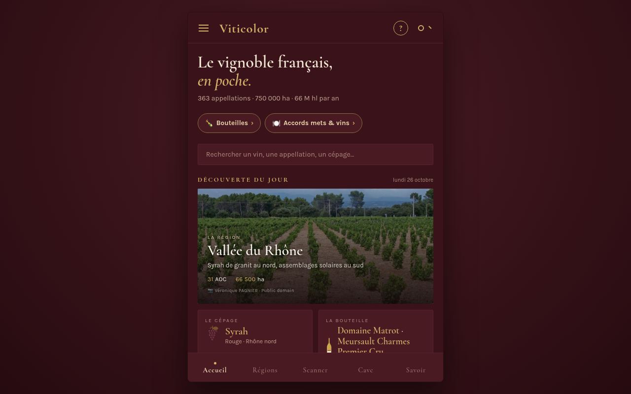 Viticolor ouvert sur un écran d’ordinateur : l’application occupe une colonne centrée.