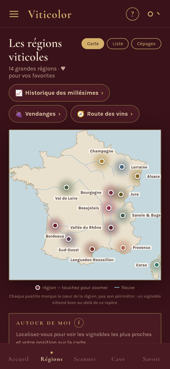 Écran Régions : carte de France avec une pastille par région viticole.