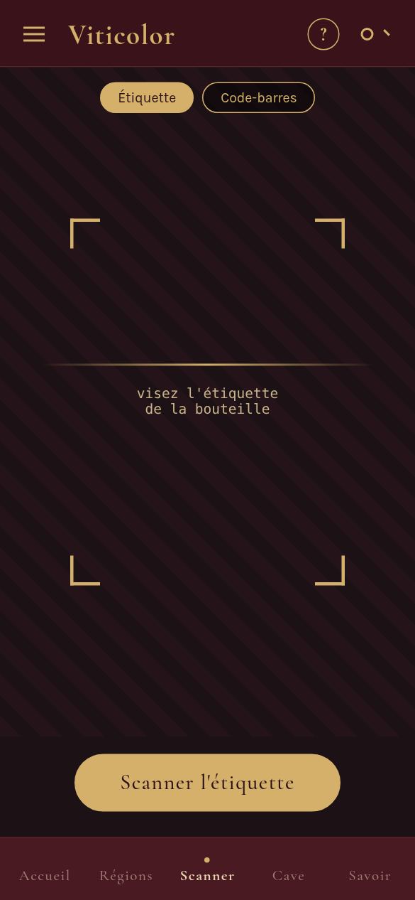 Écran Scanner : viseur « visez l’étiquette de la bouteille », modes Étiquette et Code-barres.
